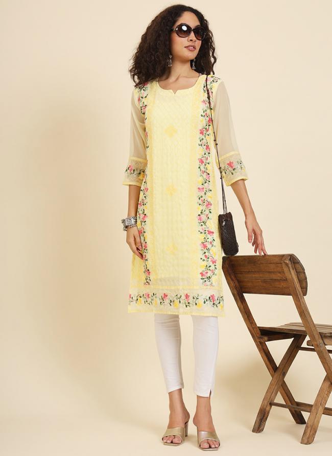 Georgette Yellow Festival Wear Lucknowi Chikankari Work Readymade Kurti